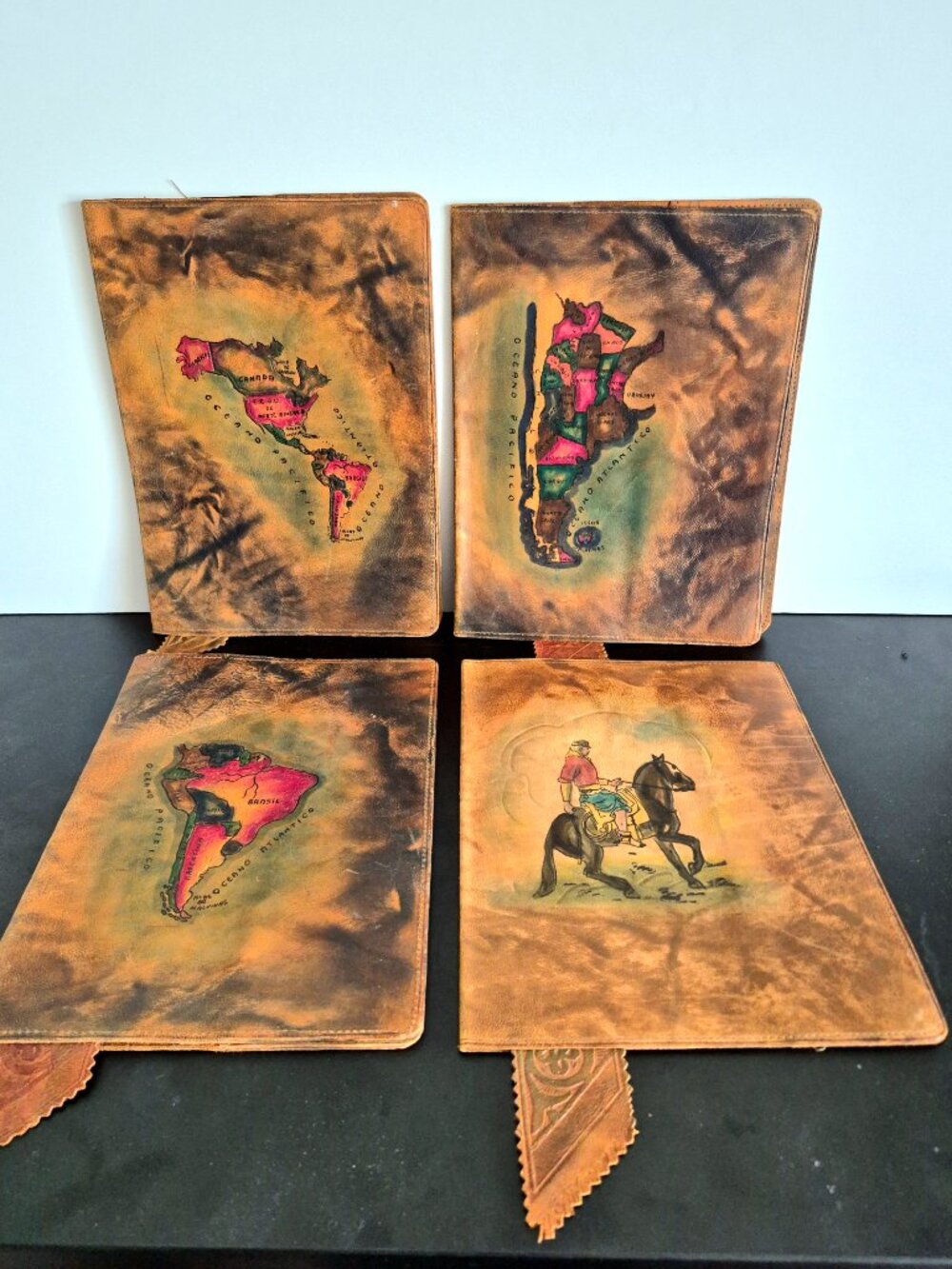 Set Of 4 Vintage Leather Book Jacket/Covers, South America Themed, 1950s